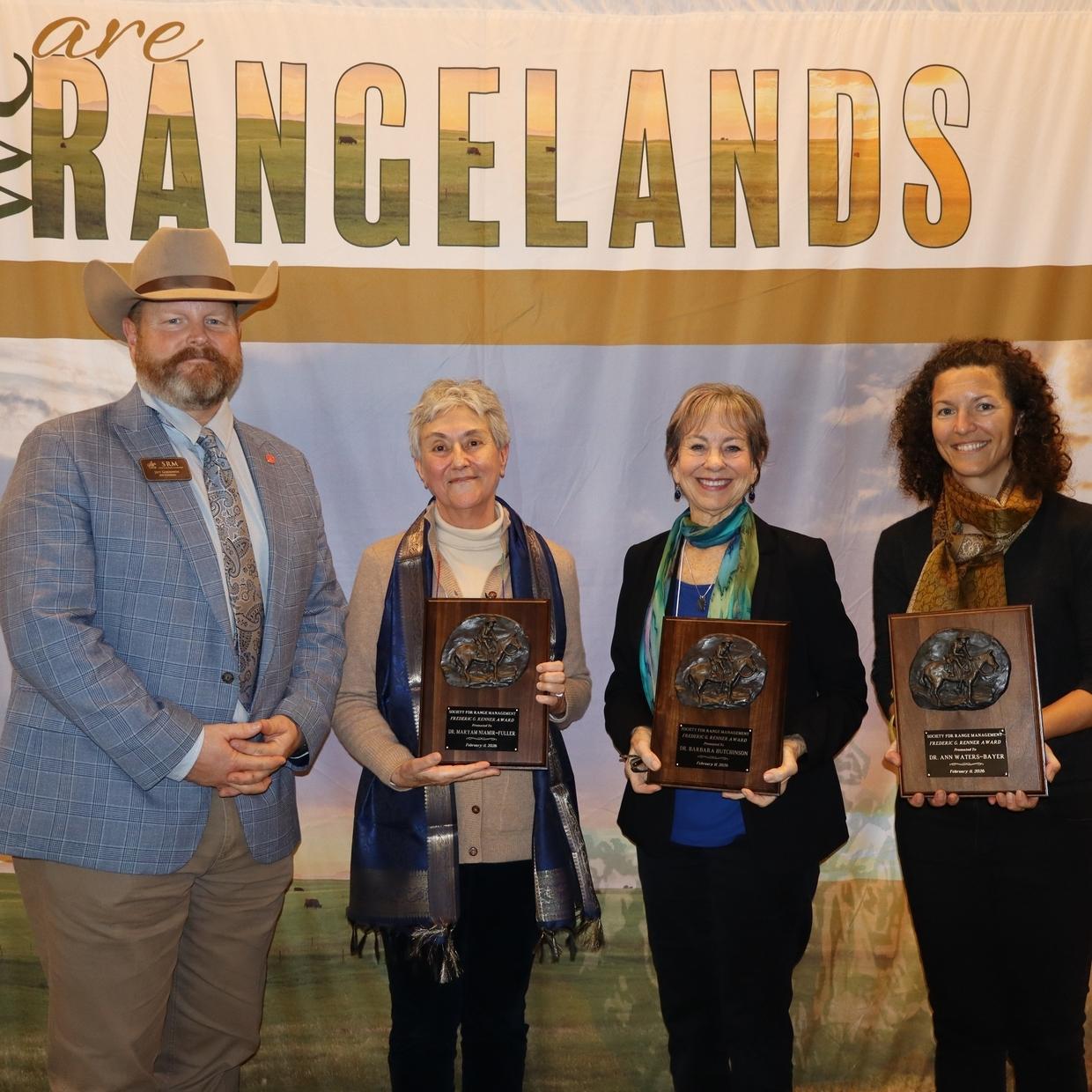 SRM 2025 President Jeff Goodwin presents the Frederic G. Renner Award to Dr. Maryam Niamir-Fuller, Dr. Barbara Hutchinson and Dr. Ann Waters-Bayer (ac